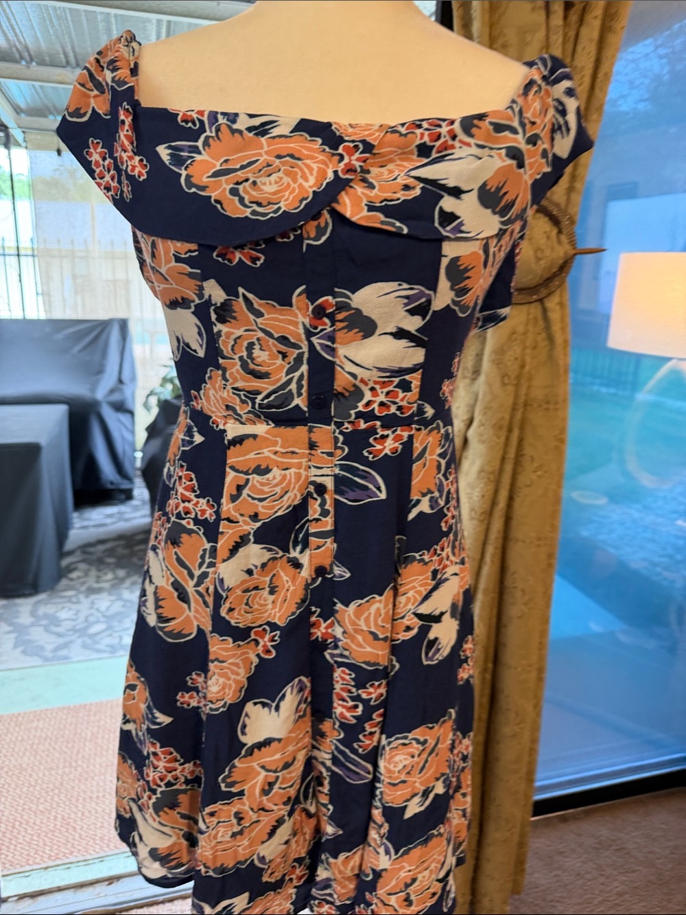 Lovers + Friends Navy Floral Off-Shoulder Midi Dress with Peach Blooms